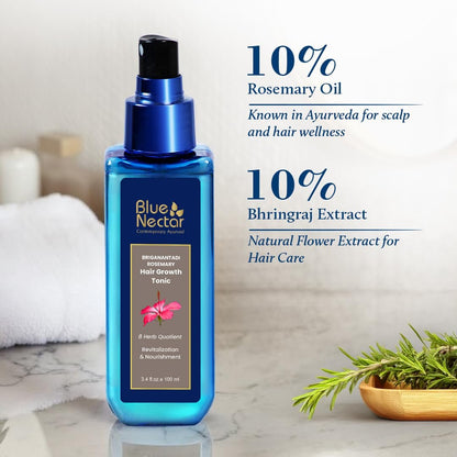 Blue Nectar Hair Growth Serum with Rosemary Oil - Ayurvedic Hair Tonic Spray (8 Herbs, 3.38 Fl Oz)