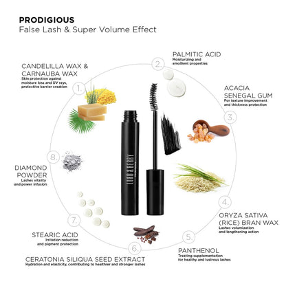 Lord & Berry Prodigious Mascara – Curling & Volumizing, Smudge-Free, Nourishing with Diamond Powder, False Lash Effect, 0.33 fl oz