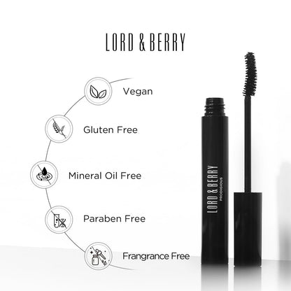 Lord & Berry Prodigious Mascara – Curling & Volumizing, Smudge-Free, Nourishing with Diamond Powder, False Lash Effect, 0.33 fl oz