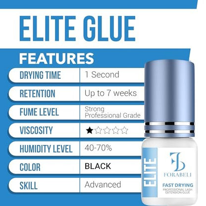 Forabeli Elite Eyelash Extension Glue - Professional Black Lash Adhesive, Ultra-Fast Dry 0.5-1 Second, 7-Week Retention, 5ml Avelisse