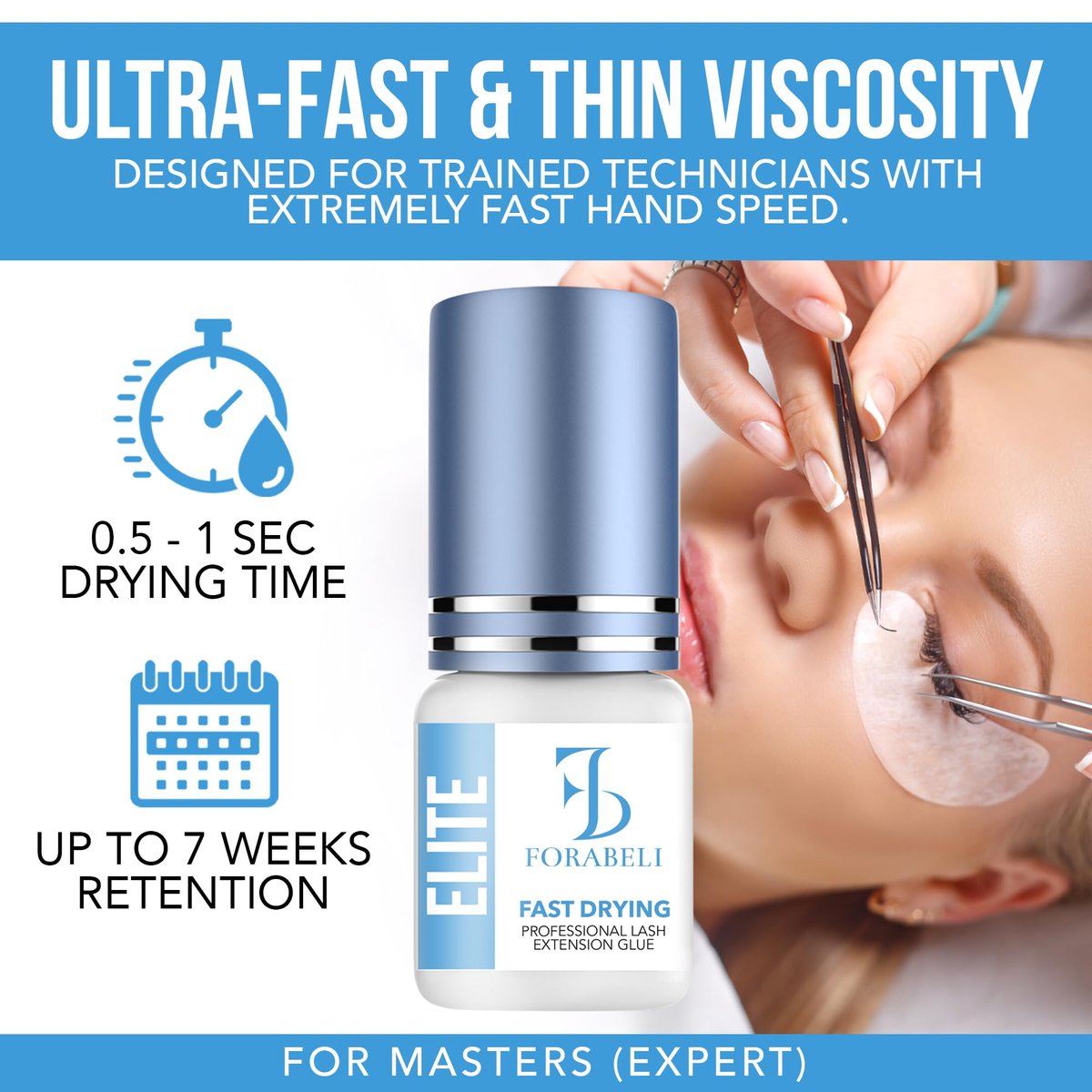 Forabeli Elite Eyelash Extension Glue - Professional Black Lash Adhesive, Ultra-Fast Dry 0.5-1 Second, 7-Week Retention, 5ml Avelisse