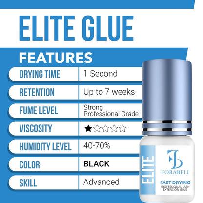 Forabeli Elite Eyelash Extension Glue - Professional Black Lash Adhesive, Ultra-Fast Dry 0.5-1 Second, 7-Week Retention, 5ml Avelisse