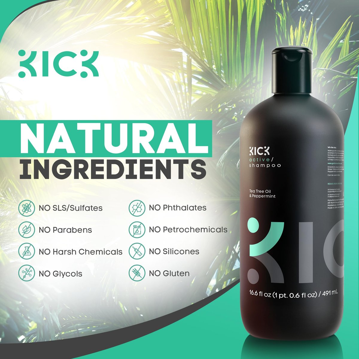 Kick Men's Shampoo - Peppermint & Tea Tree for Oil Control - Sulfate-Free, Refreshing Formula, Anti-Dandruff & Scalp Soothing - 16.6 oz Avelisse