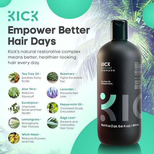 Kick Men's Shampoo - Peppermint & Tea Tree for Oil Control - Sulfate-Free, Refreshing Formula, Anti-Dandruff & Scalp Soothing - 16.6 oz Avelisse