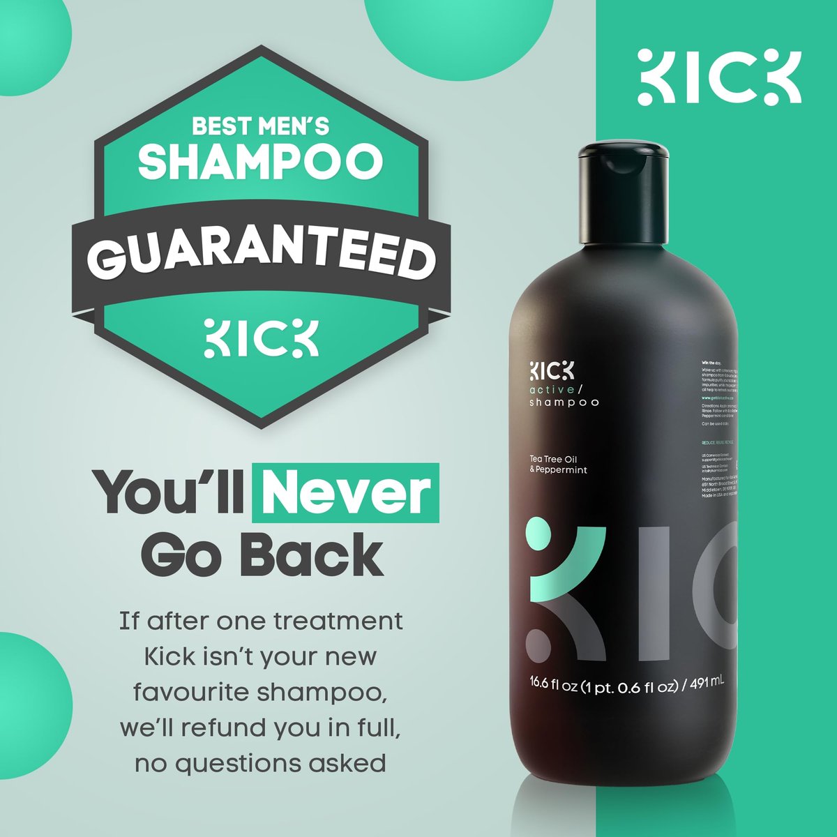 Kick Men's Shampoo - Peppermint & Tea Tree for Oil Control - Sulfate-Free, Refreshing Formula, Anti-Dandruff & Scalp Soothing - 16.6 oz Avelisse