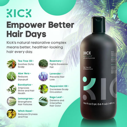 Kick Men's Shampoo - Peppermint & Tea Tree for Oil Control - Sulfate-Free, Refreshing Formula, Anti-Dandruff & Scalp Soothing - 16.6 oz Avelisse