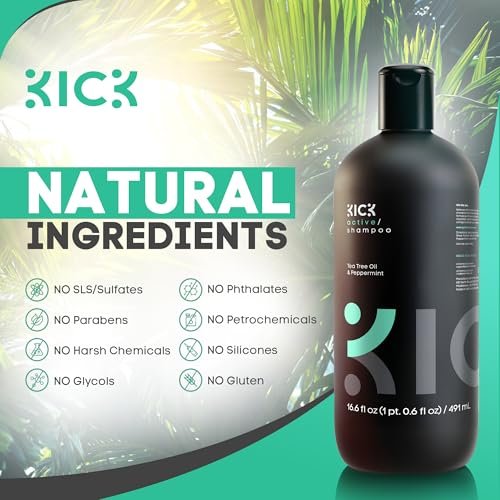 Kick Men's Shampoo - Peppermint & Tea Tree for Oil Control - Sulfate-Free, Refreshing Formula, Anti-Dandruff & Scalp Soothing - 16.6 oz Avelisse
