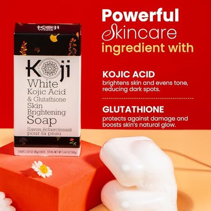 Koji White Kojic Acid & Glutathione Skin Brightening Soap for Face & Body - Exfoliating, Hydrating, Cleansing Bar - Reduces Fine Lines & Wrinkles - Vegan, 2.82 oz (2 Bars) Avelisse