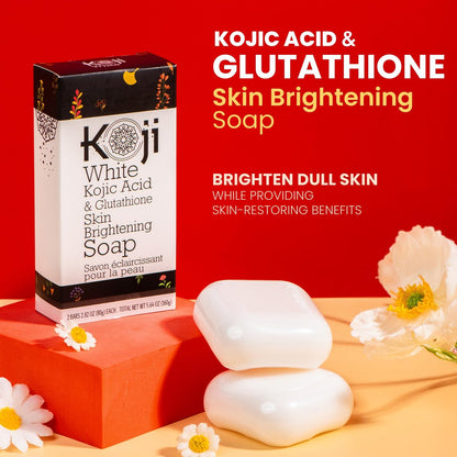 Koji White Kojic Acid & Glutathione Skin Brightening Soap for Face & Body - Exfoliating, Hydrating, Cleansing Bar - Reduces Fine Lines & Wrinkles - Vegan, 2.82 oz (2 Bars) Avelisse