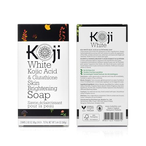 Koji White Kojic Acid & Glutathione Skin Brightening Soap for Face & Body - Exfoliating, Hydrating, Cleansing Bar - Reduces Fine Lines & Wrinkles - Vegan, 2.82 oz (2 Bars) Avelisse