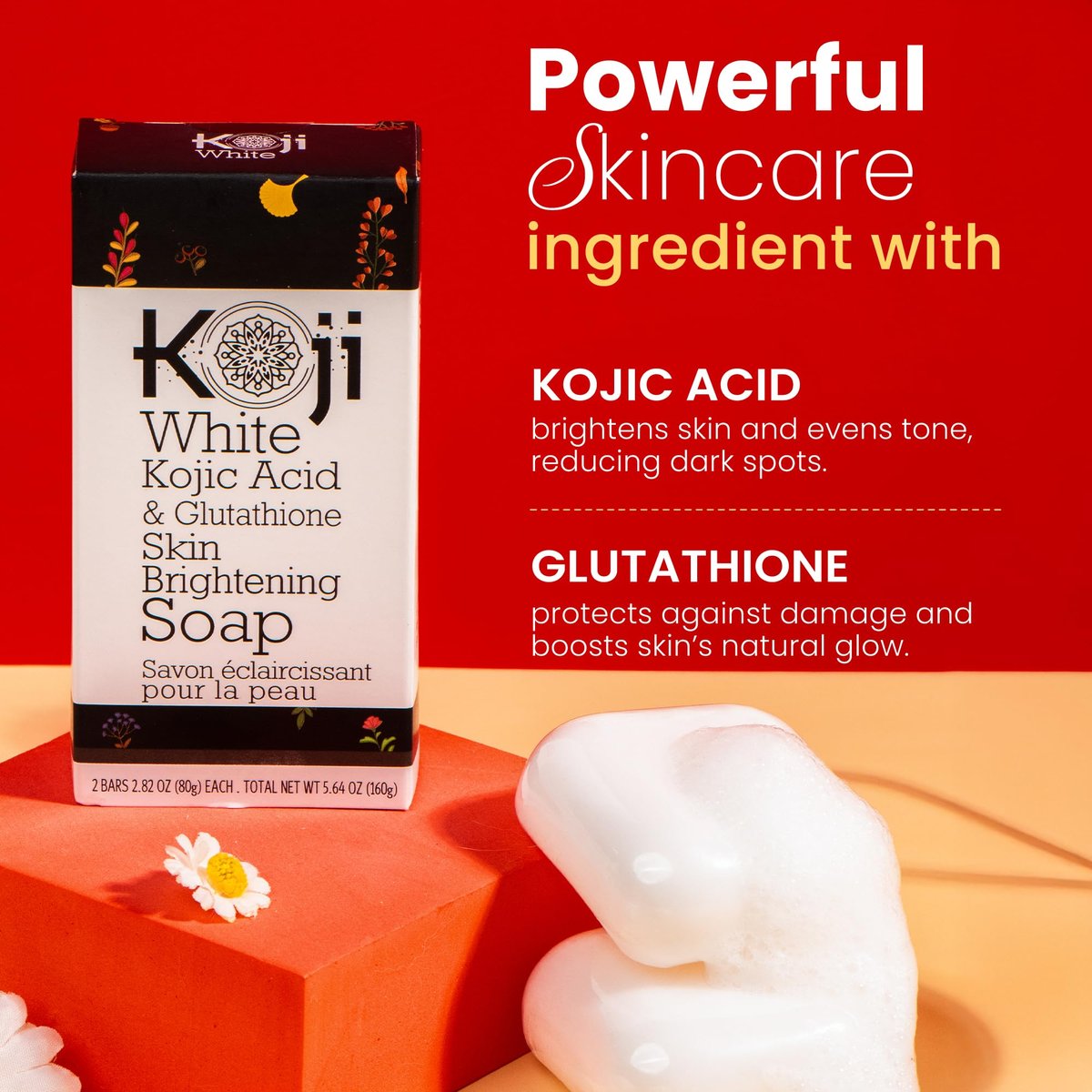Koji White Kojic Acid & Glutathione Skin Brightening Soap for Face & Body - Exfoliating, Hydrating, Cleansing Bar - Reduces Fine Lines & Wrinkles - Vegan, 2.82 oz (2 Bars) Avelisse