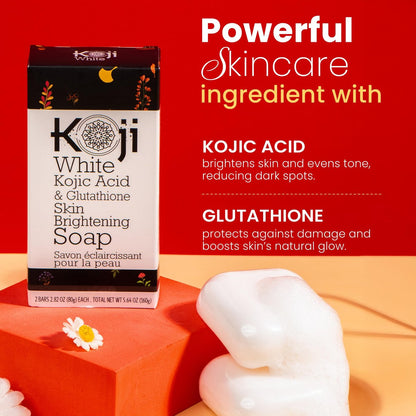 Koji White Kojic Acid & Glutathione Skin Brightening Soap for Face & Body - Exfoliating, Hydrating, Cleansing Bar - Reduces Fine Lines & Wrinkles - Vegan, 2.82 oz (2 Bars) Avelisse