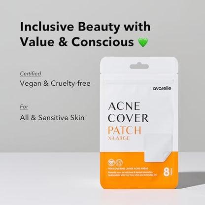 AVARELLE Acne Patches XL - Large Hydrocolloid Pimple Patches with Tea Tree, Calendula & Cica for Face, Cheek & Nose - 8 Count