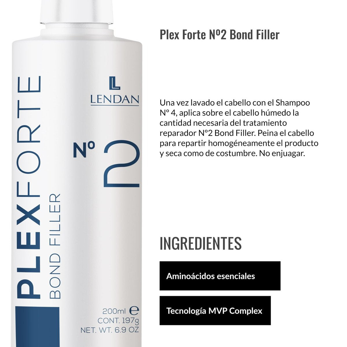 Lendan Plex Forte Nº2 Bond Filler – Damaged Hair Repair Treatment (6.9 Fl Oz) – Strengthens, Nourishes, Repairs, Preserves Color, Heat Protector Avelisse