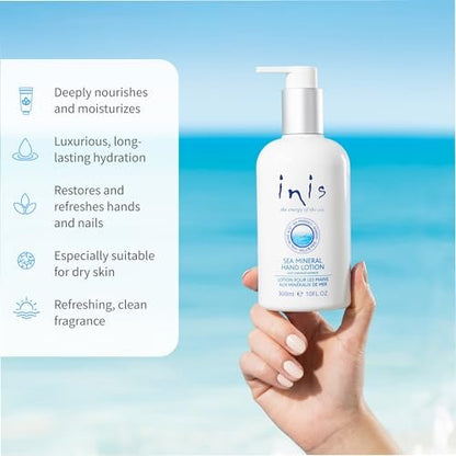 Inis the Energy of the Sea - Sea Mineral Hand Lotion, Lightweight Sink Side Hand Moisturizer with Seaweed, Shea Butter & Hyaluronic Acid, Clean Ocean Fresh Scent, 10 fl oz Avelisse
