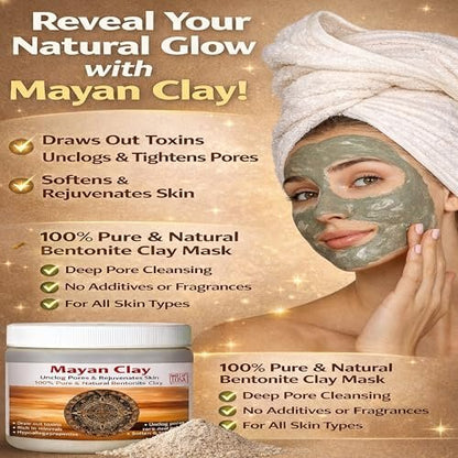 Mayan Pure Indian Healing Clay Powder - Deep Pore Cleansing Face, Body & Hair Mask - Natural Calcium Bentonite Clay 4oz