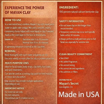 Mayan Pure Indian Healing Clay Powder - Deep Pore Cleansing Face, Body & Hair Mask - Natural Calcium Bentonite Clay 4oz