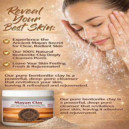 Mayan Pure Indian Healing Clay Powder - Deep Pore Cleansing Face, Body & Hair Mask - Natural Calcium Bentonite Clay 4oz