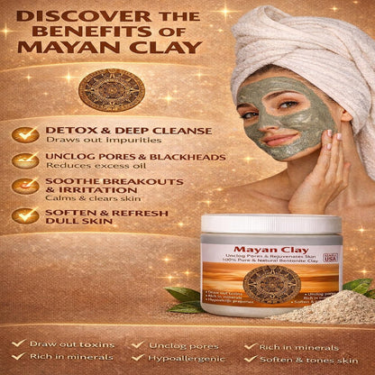 Mayan Pure Indian Healing Clay Powder - Deep Pore Cleansing Face, Body & Hair Mask - Natural Calcium Bentonite Clay 4oz