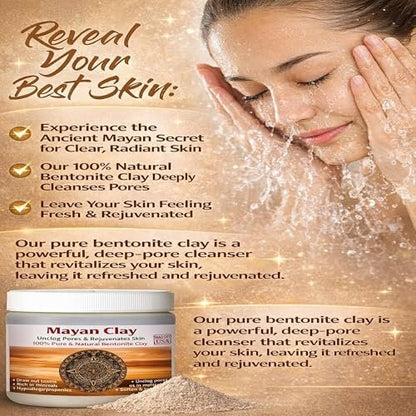 Mayan Pure Indian Healing Clay Powder - Deep Pore Cleansing Face, Body & Hair Mask - Natural Calcium Bentonite Clay 4oz