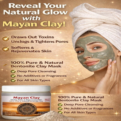 Mayan Pure Indian Healing Clay Powder - Deep Pore Cleansing Face, Body & Hair Mask - Natural Calcium Bentonite Clay 4oz