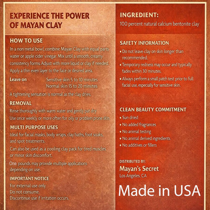 Mayan Pure Indian Healing Clay Powder - Deep Pore Cleansing Face, Body & Hair Mask - Natural Calcium Bentonite Clay 4oz