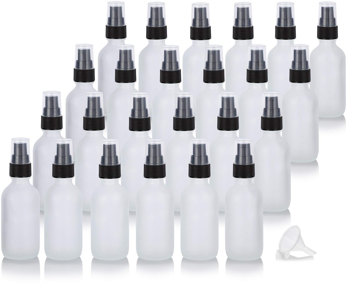 JUVITUS 2 oz Frosted Clear Glass Boston Round Bottles with Black Treatment Pump (24 Pack) + Funnel - Refillable Empty Storage Containers - görsel 1