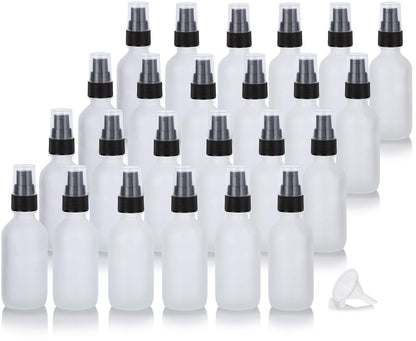 JUVITUS 2 oz Frosted Clear Glass Boston Round Bottles with Black Treatment Pump (24 Pack) + Funnel - Refillable Empty Storage Containers