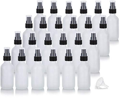 JUVITUS 2 oz Frosted Clear Glass Boston Round Bottles with Black Treatment Pump (24 Pack) + Funnel - Refillable Empty Storage Containers
