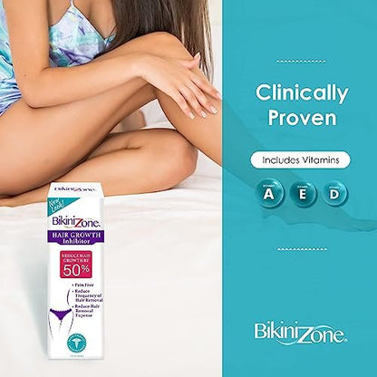 Bikini Zone Hair Growth Inhibitor Cream - Stop Hair Regrowth on Face, Legs, Lips & Chin - Reduces Hair Density & Length - Painless Moisturizer After Waxing & Shaving (1 oz)