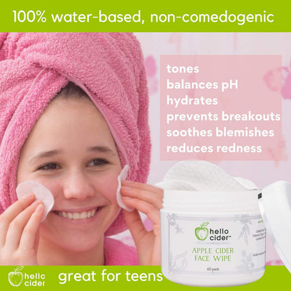 Apple Cider Vinegar Acne Face Toner Pads - Organic Tea Tree, Witch Hazel, Rose, Lavender - Cleanse, Tone, Hydrate, Calm & Soothe - 60 Count by Hello Cider Avelisse