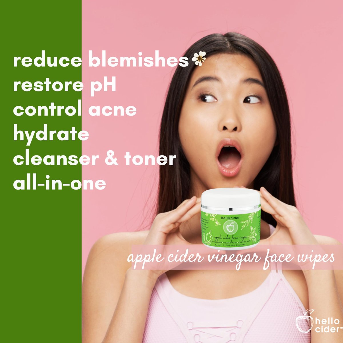 Apple Cider Vinegar Acne Face Toner Pads - Organic Tea Tree, Witch Hazel, Rose, Lavender - Cleanse, Tone, Hydrate, Calm & Soothe - 60 Count by Hello Cider Avelisse