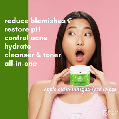 Apple Cider Vinegar Acne Face Toner Pads - Organic Tea Tree, Witch Hazel, Rose, Lavender - Cleanse, Tone, Hydrate, Calm & Soothe - 60 Count by Hello Cider Avelisse