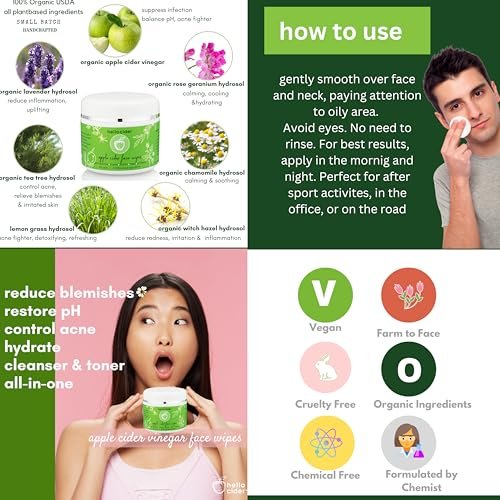 Apple Cider Vinegar Acne Face Toner Pads - Organic Tea Tree, Witch Hazel, Rose, Lavender - Cleanse, Tone, Hydrate, Calm & Soothe - 60 Count by Hello Cider Avelisse