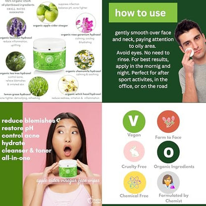 Apple Cider Vinegar Acne Face Toner Pads - Organic Tea Tree, Witch Hazel, Rose, Lavender - Cleanse, Tone, Hydrate, Calm & Soothe - 60 Count by Hello Cider Avelisse