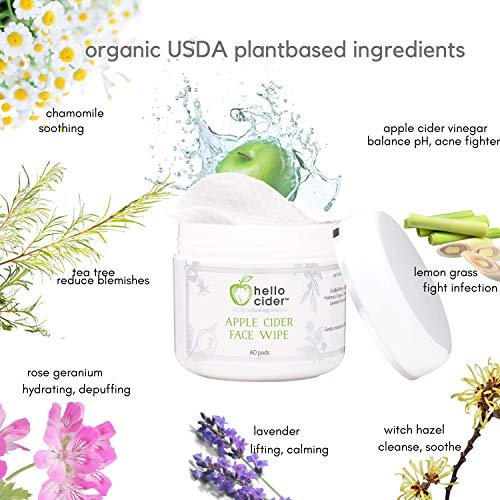 Apple Cider Vinegar Acne Face Toner Pads - Organic Tea Tree, Witch Hazel, Rose, Lavender - Cleanse, Tone, Hydrate, Calm & Soothe - 60 Count by Hello Cider Avelisse