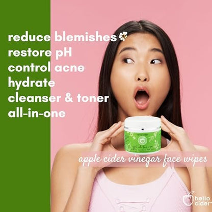 Apple Cider Vinegar Acne Face Toner Pads - Organic Tea Tree, Witch Hazel, Rose, Lavender - Cleanse, Tone, Hydrate, Calm & Soothe - 60 Count by Hello Cider Avelisse