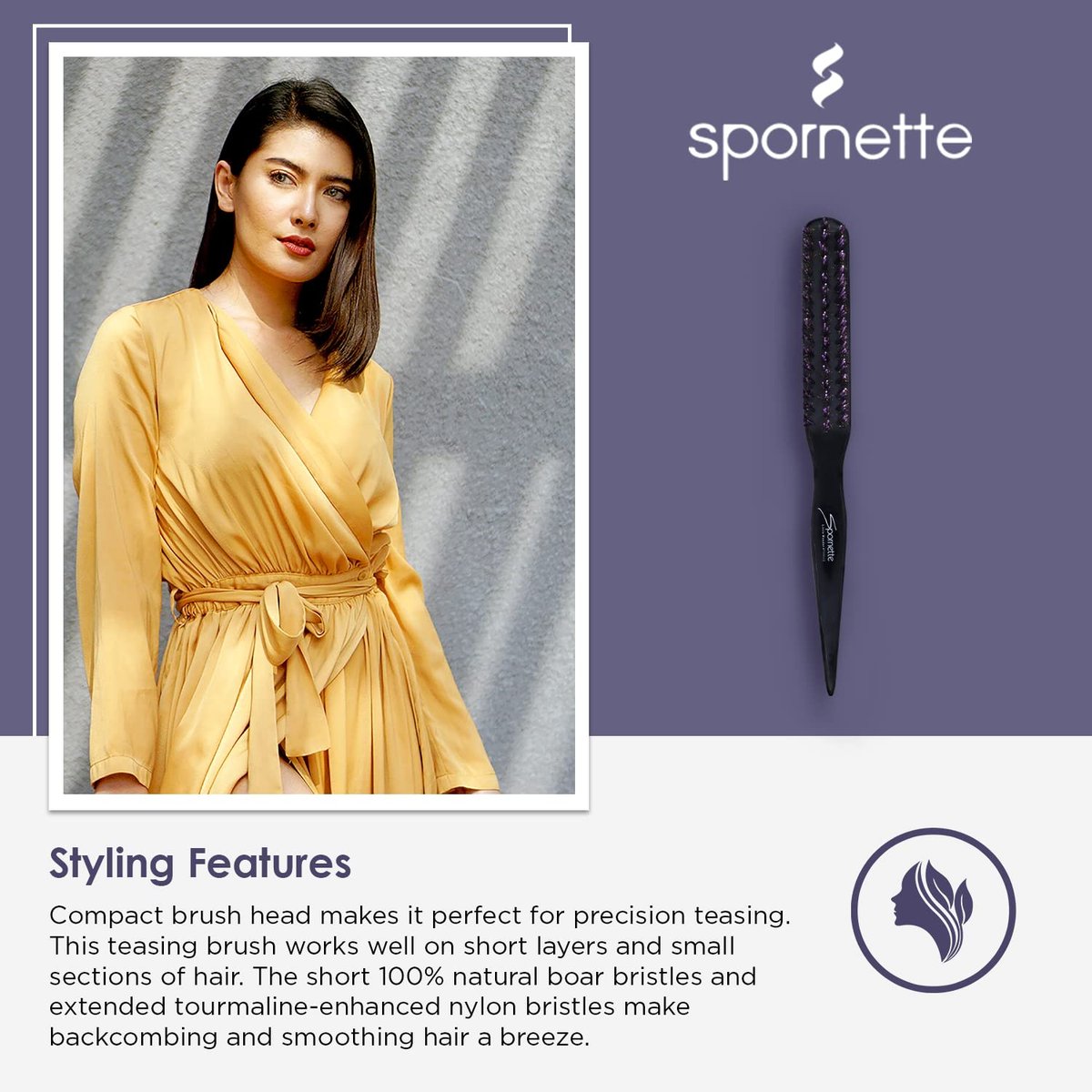 Spornette Little Wonder Small Teasing Brush – Boar & Tourmaline Nylon Bristles for Volume, Slick Backs & Back Brushing (Purple) - görsel 7