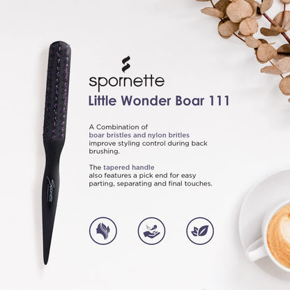 Spornette Little Wonder Small Teasing Brush – Boar & Tourmaline Nylon Bristles for Volume, Slick Backs & Back Brushing (Purple)