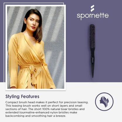 Spornette Little Wonder Small Teasing Brush – Boar & Tourmaline Nylon Bristles for Volume, Slick Backs & Back Brushing (Purple)