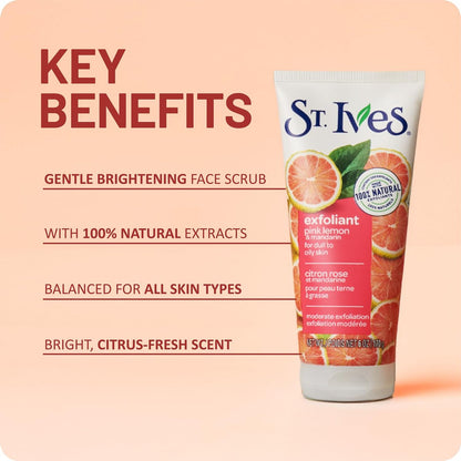 St. Ives Skin-Brightening Pink Lemon & Mandarin Face Scrub - Gentle Exfoliant for Glowing Skin, 6 oz