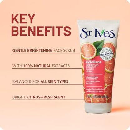 St. Ives Skin-Brightening Pink Lemon & Mandarin Face Scrub - Gentle Exfoliant for Glowing Skin, 6 oz