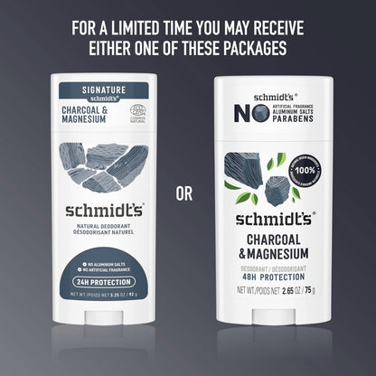 Schmidt's Natural Deodorant Charcoal & Magnesium, Aluminum-Free, Vegan, 24-Hour Odor Protection, 2.65 oz