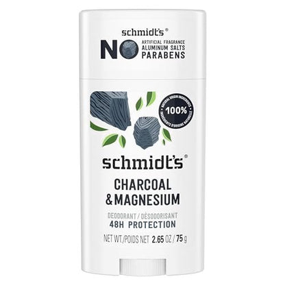 Schmidt's Natural Deodorant Charcoal & Magnesium, Aluminum-Free, Vegan, 24-Hour Odor Protection, 2.65 oz