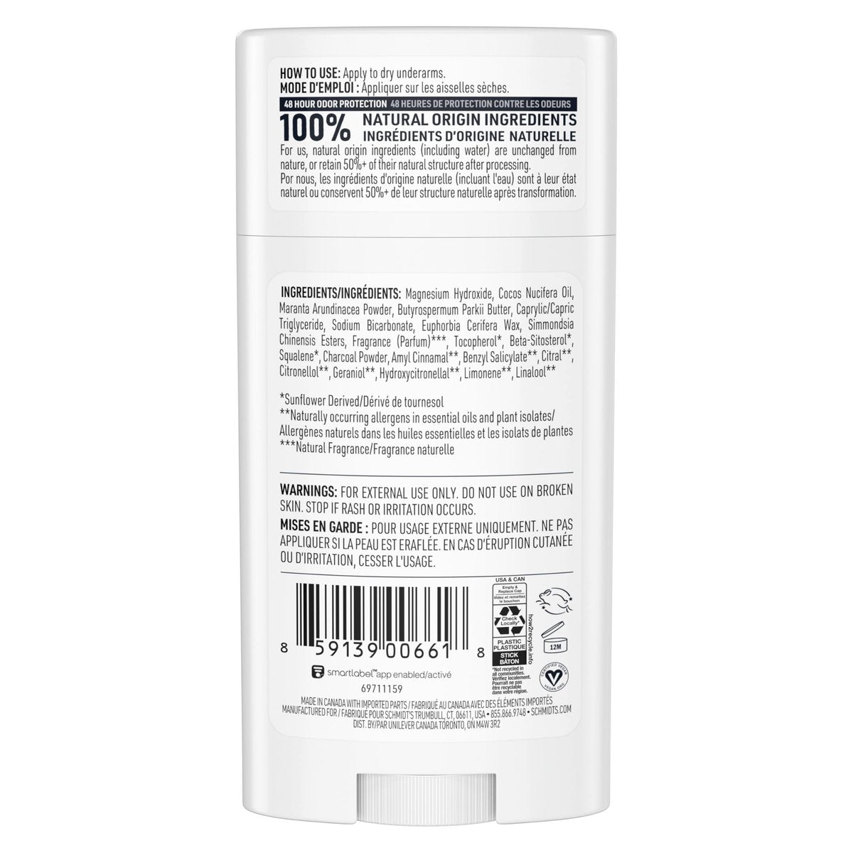 Schmidt's Natural Deodorant Charcoal & Magnesium, Aluminum-Free, Vegan, 24-Hour Odor Protection, 2.65 oz - görsel 3