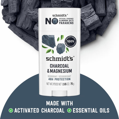 Schmidt's Natural Deodorant Charcoal & Magnesium, Aluminum-Free, Vegan, 24-Hour Odor Protection, 2.65 oz