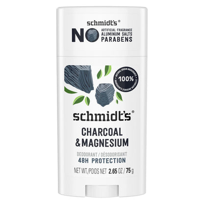 Schmidt's Natural Deodorant Charcoal & Magnesium, Aluminum-Free, Vegan, 24-Hour Odor Protection, 2.65 oz
