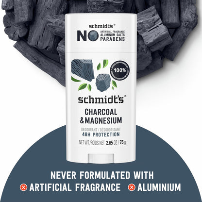 Schmidt's Natural Deodorant Charcoal & Magnesium, Aluminum-Free, Vegan, 24-Hour Odor Protection, 2.65 oz
