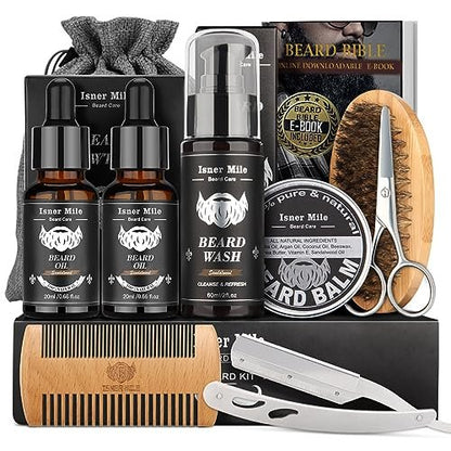 Isner Mile Beard Grooming Kit for Men - Complete Beard Care Set with Oil, Balm, Wash, Brush, Comb & Straight Razor, Gift for Him Avelisse