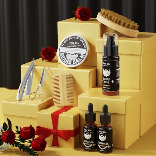 Isner Mile Beard Grooming Kit for Men - Complete Beard Care Set with Oil, Balm, Wash, Brush, Comb & Straight Razor, Gift for Him Avelisse